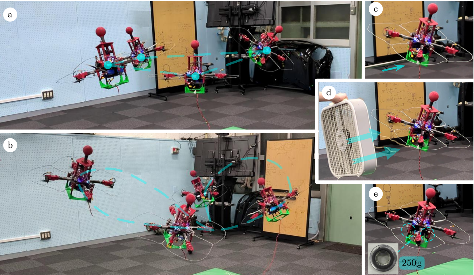 BeetleOmni teaser showing agile omnidirectional flight and robustness to wind and payloads